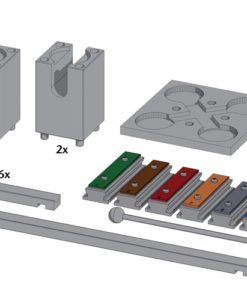 Elementy zestawu do budowy muzycznego kulodromu Mezzo – widoczne drewniane elementy do budowy toru dla kulek oraz dzwonki (sztabki dźwiękowe) i metalowe kulki – obok każdego elementu podana liczba