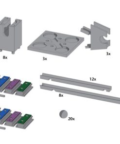 Elementy zestawu do budowy muzycznego kulodromu Orkiestra – widoczne drewniane elementy do budowy toru dla kulek oraz dzwonki (sztabki dźwiękowe) i metalowe kulki – obok każdego elementu podana liczba